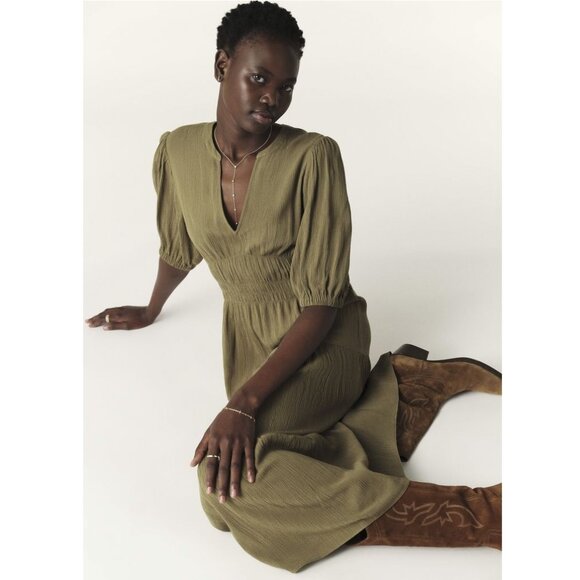 ba&sh Norma Midi Dress / Large / US 8 / Khaki Green V-Neck Smocked - Picture 3 of 11